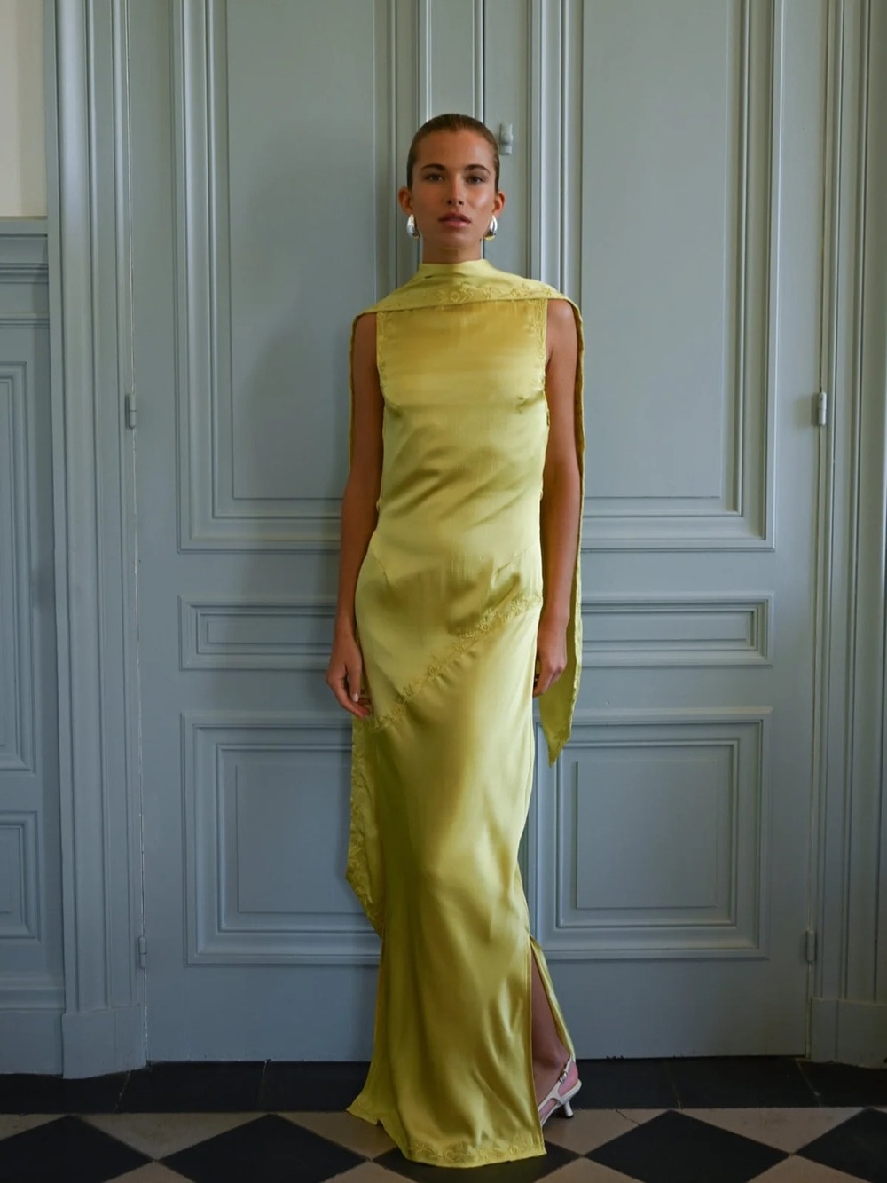 YLLW NINA SILK DRESS — CHARTREUSE YELLOW THE LABEL FORMAL GOWN XS